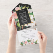 Invitation Tout En Un Magnolia blanc rose pâle Floral Mariage noir (Déchirure)