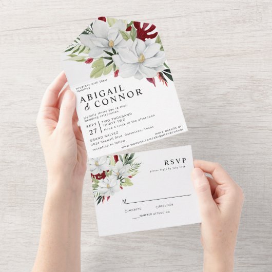Invitation Tout En Un Magnolia Blanc Vert Rouge Tout en un Invit (Déchirure)