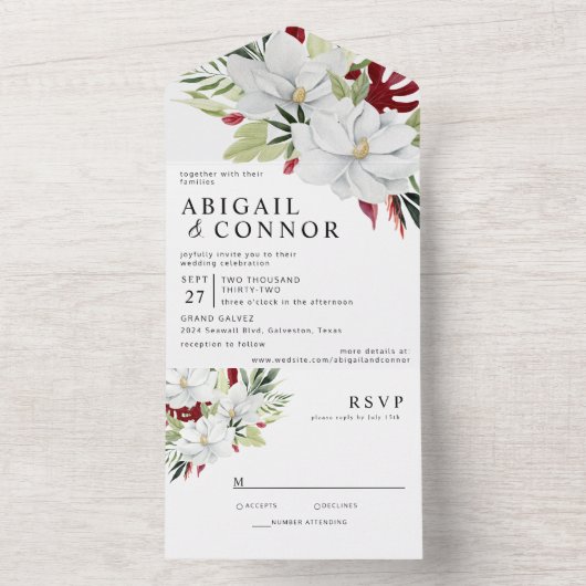 Invitation Tout En Un Magnolia Blanc Vert Rouge Tout en un Invit (À l'intérieur)
