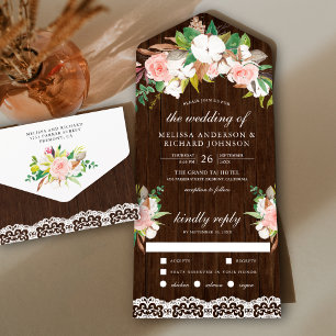 Invitation Tout En Un Magnolia Coton Blush rose Mariage en bois floral