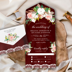 Invitation Tout En Un Magnolia Coton Teinté Rose Floral Bourgogne Mariag