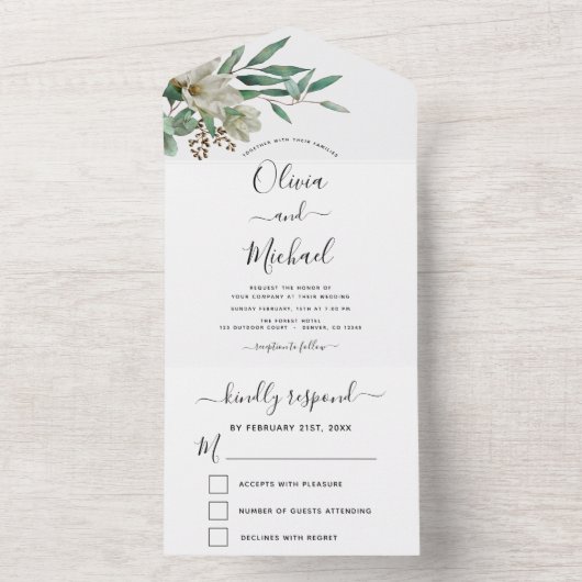 Invitation Tout En Un Magnolia Eucalyptus Verdure Mariage élégant RSVP (À l'intérieur)