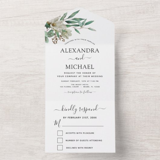 Invitation Tout En Un Magnolia Eucalyptus Verdure Mariage élégant RSVP (À l'intérieur)