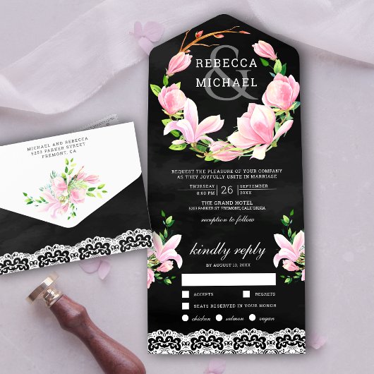 Invitation Tout En Un Magnolia rose Mariage noir en couronne de fleurs