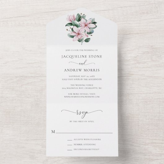 Invitation Tout En Un Magnolia rose minimal Floral Mariage élégant (À l'intérieur)