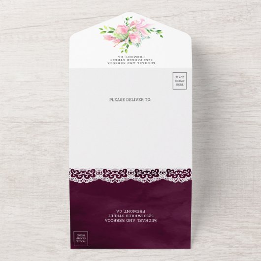 Invitation Tout En Un Magnolia rose Plum Plum Plum violet Mariage (Dehors)