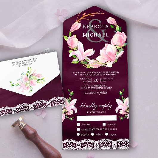 Invitation Tout En Un Magnolia rose Plum Plum Plum violet Mariage