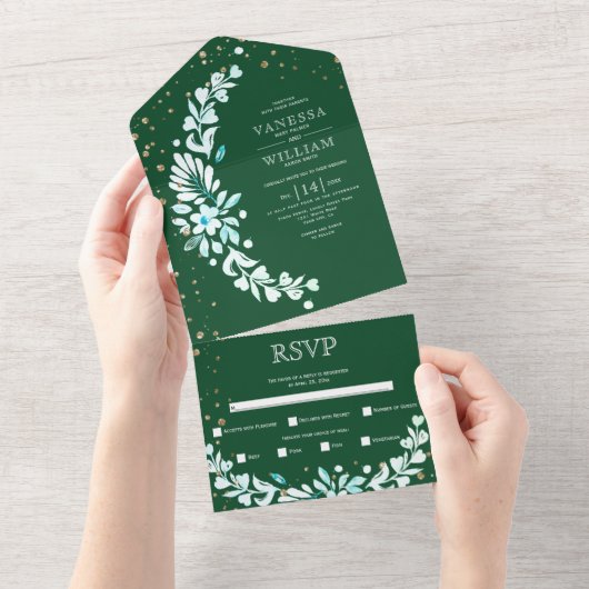 Invitation Tout En Un Marais fleuri vert émeraude avec mariage de coeurs (Déchirure)