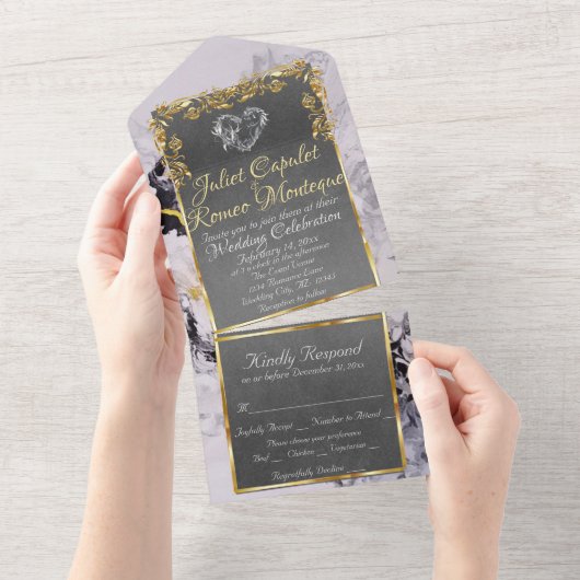 Invitation Tout En Un Marble & Grey, Gold Frame, Silver Heart (Déchirure)