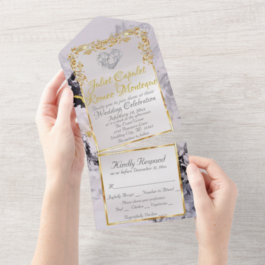Invitation Tout En Un Marble & White, Gold Frame, Silver Heart (Déchirure)