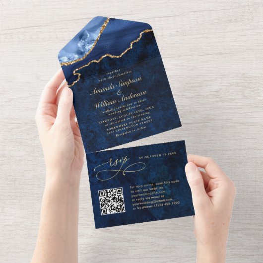 Invitation Tout En Un Marbre bleu marine moderne Mariage d'âge (Déchirure)