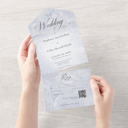 Invitation Tout En Un Marbre bleu moderne Code QR minimal (Déchirure)