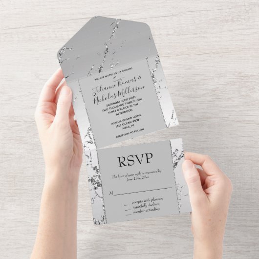 Invitation Tout En Un Marbre brillant Parties scintillant argentée (Déchirure)