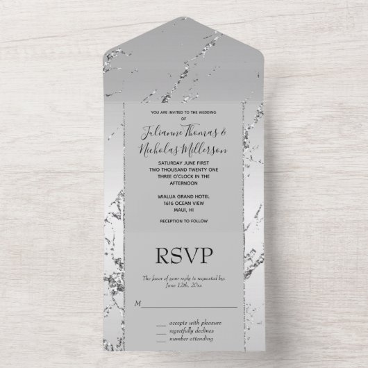 Invitation Tout En Un Marbre brillant Parties scintillant argentée (À l'intérieur)