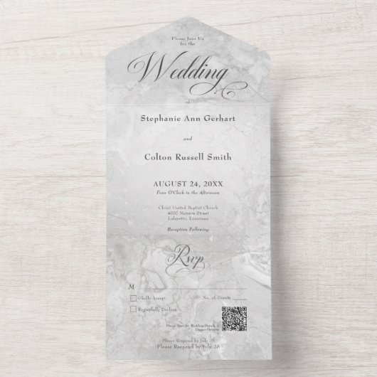 Invitation Tout En Un Marbre gris moderne Code QR minimal (À l'intérieur)