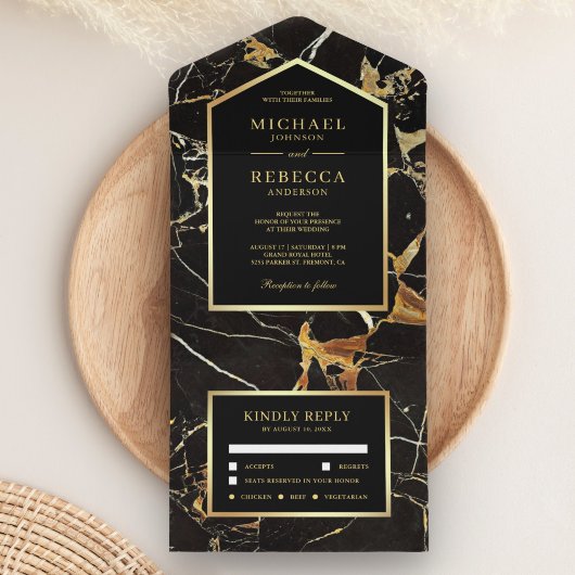 Invitation Tout En Un Marbre noir Faux Gold Foil Mariage