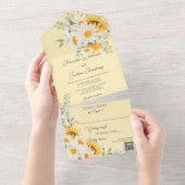Invitation Tout En Un Marguerites et tournesols en or pâle Code QR (Déchirure)
