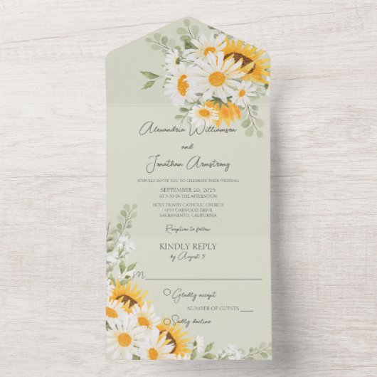 Invitation Tout En Un Marguerites et tournesols en vert (À l'intérieur)