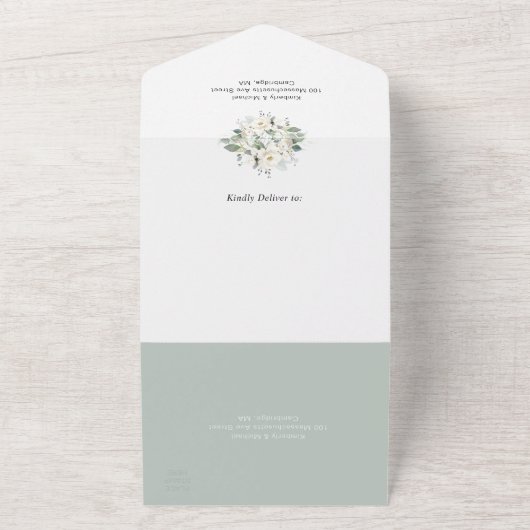 Invitation Tout En Un mariage à cadre fleuri eucalyptus (Dehors)