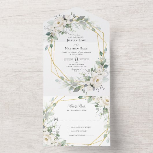 Invitation Tout En Un mariage à cadre fleuri eucalyptus (À l'intérieur)