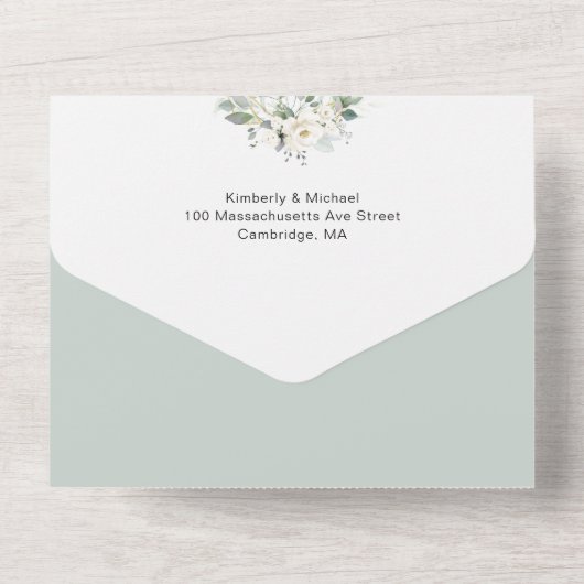 Invitation Tout En Un mariage à cadre fleuri eucalyptus (Verso)