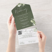 Invitation Tout En Un Mariage à code QR de monogramme floral vert olive (Déchirure)