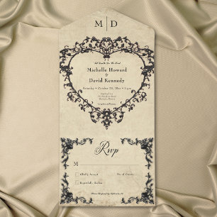 Invitation Tout En Un Mariage à cœur filigrané parchemin noir gothique t