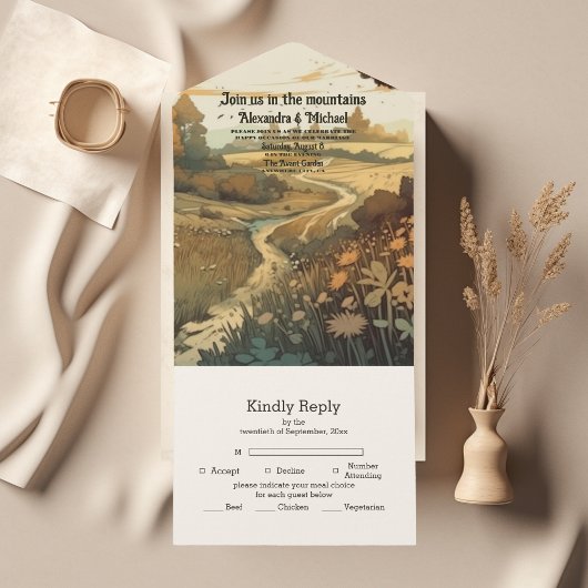 Invitation Tout En Un Mariage À feuillage persistant Rustic Mountain For