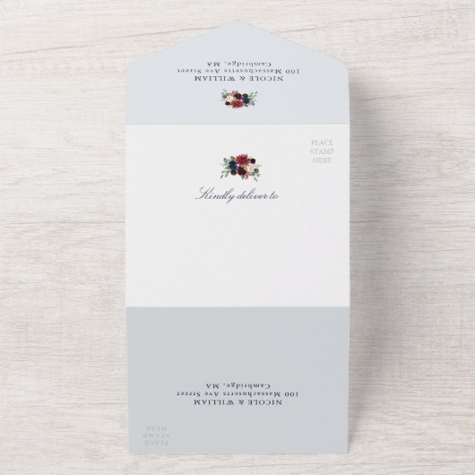 Invitation Tout En Un mariage à fleurs bordeaux bleu poussiéreux (Dehors)