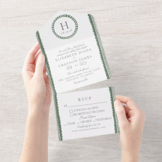 Invitation Tout En Un Mariage à impression botanique verte et blanche su