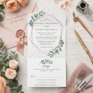 Invitation Tout En Un Mariage à la feuille d'or géométrique eucalyptus