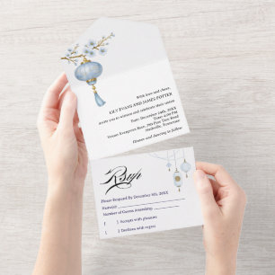 Invitation Tout En Un Mariage à la Lanterne Bleue Japonaise