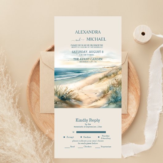 Invitation Tout En Un Mariage à la plage d'océan d'été à l'aquarelle