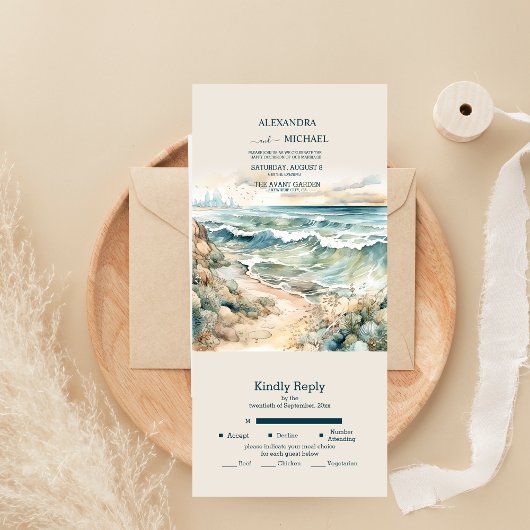 Invitation Tout En Un Mariage à la plage d'océan d'été à l'aquarelle