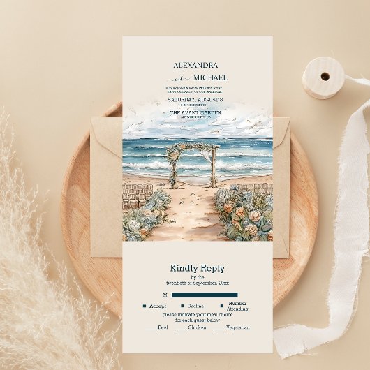 Invitation Tout En Un Mariage à la plage d'océan d'été à l'aquarelle