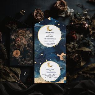 Invitation Tout En Un Mariage à l'aquarelle Bleu et Or de Minuit Mystiqu