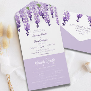 Invitation Tout En Un Mariage à l'aquarelle de wisteria violet lavande
