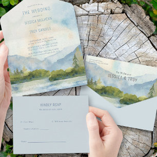 Invitation Tout En Un Mariage à l'aquarelle du lac de montagne