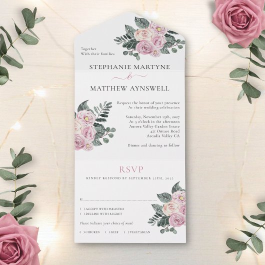 Invitation Tout En Un Mariage à l'aquarelle poussiéreuse Roses Fleurs ro