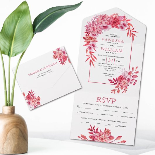 Invitation Tout En Un Mariage à l'arche avec des fleurs et des feuilles