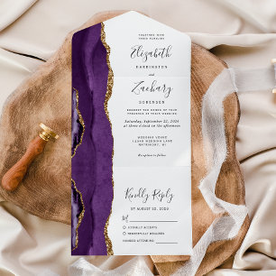 Invitation Tout En Un Mariage à l'écriture fantaisiste en agate or viole