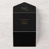 Invitation Tout En Un Mariage à monogramme élégant noir et or avec code  (Dehors)