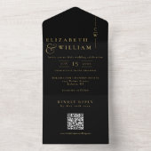 Invitation Tout En Un Mariage à monogramme élégant noir et or avec code  (À l'intérieur)