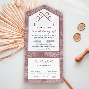 Invitation Tout En Un Mariage à nœud Coquette en dentelle blanche Rose p