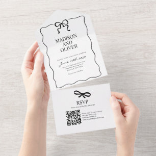Invitation Tout En Un Mariage à nœud papillon noir fantaisiste Qr Code R