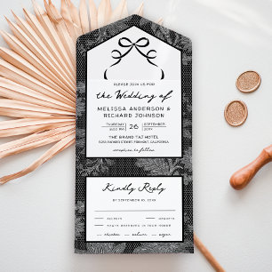 Invitation Tout En Un Mariage à ruban coquette en dentelle noir et blanc