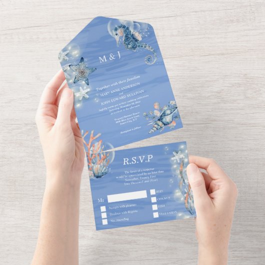 Invitation Tout En Un Mariage à thème de la plage d'hippocampe bleu blan (Déchirure)