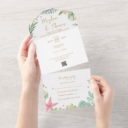 Invitation Tout En Un Mariage à thème de plage tropicale avec code QR RS (Déchirure)
