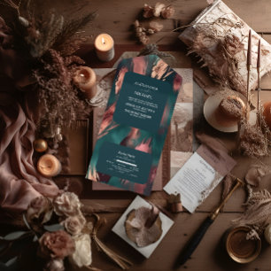 Invitation Tout En Un Mariage abstrait cuivre vert foncé rose poussiéreu