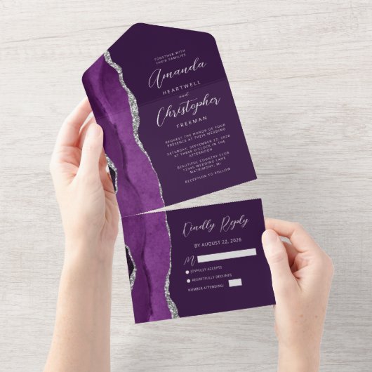 Invitation Tout En Un Mariage Agate Purple Silver Plum (Déchirure)